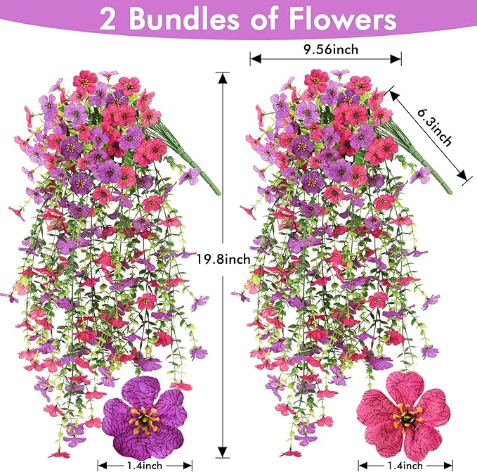 2 Bundles Fake Flowers for Spring Decor, Hanging Artificial Flowers for Outdoors, UV Resistant Spring Floral Stems for Porch, Window and Garden Decoration (2)