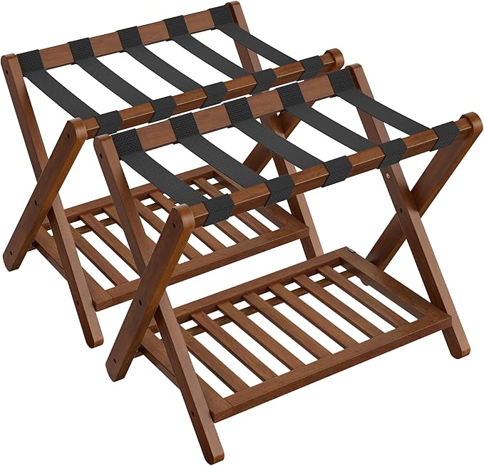 SONGMICS Solid Wood Luggage Racks, Set of 2, No Assembly Required, Foldable Suitcase Stand, Luggage Holder, with Storage Shelf, for Guest Room, Hotel, Bedroom, Coffee Brown URLR021K01