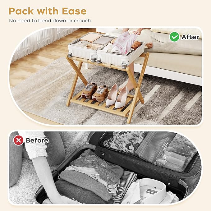 Full Assembled 26.77"L Luggage Rack for Guest Room, Set of 2 Foldable Suitcase Stand with 5 Nylon Straps, Luggage Holder with Shoe Shelf for Suitcases Hotel (Natural Wood Bamboo Luggage Stands)