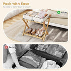 Full Assembled 26.77"L Luggage Rack for Guest Room, Set of 2 Foldable Suitcase Stand with 5 Nylon Straps, Luggage Holder with Shoe Shelf for Suitcases Hotel (Natural Wood Bamboo Luggage Stands)