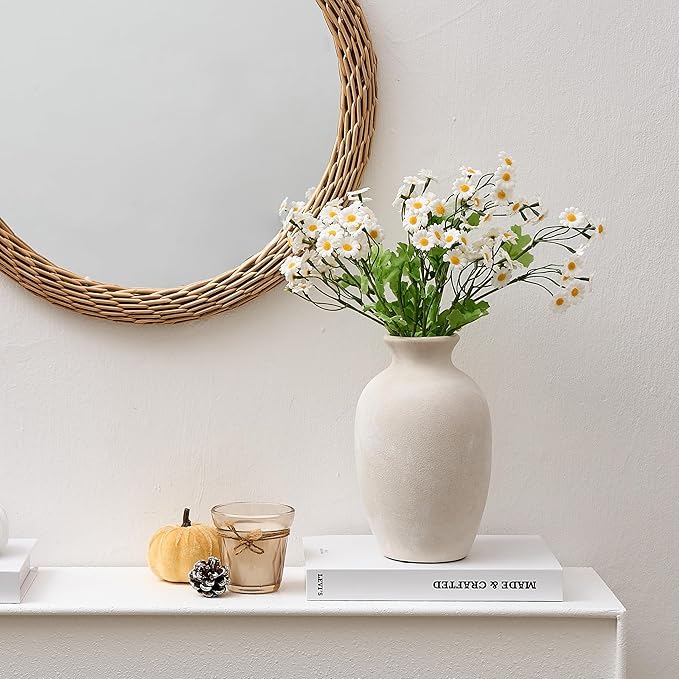 Ceramic Rustic Flower Vase, 8.38 Inch Vintage Pottery Home Decor, Farmhouse Terracotta Vase for Living Room, Table, Shelf, Mantel Decoration, Farmhouse - Off-White