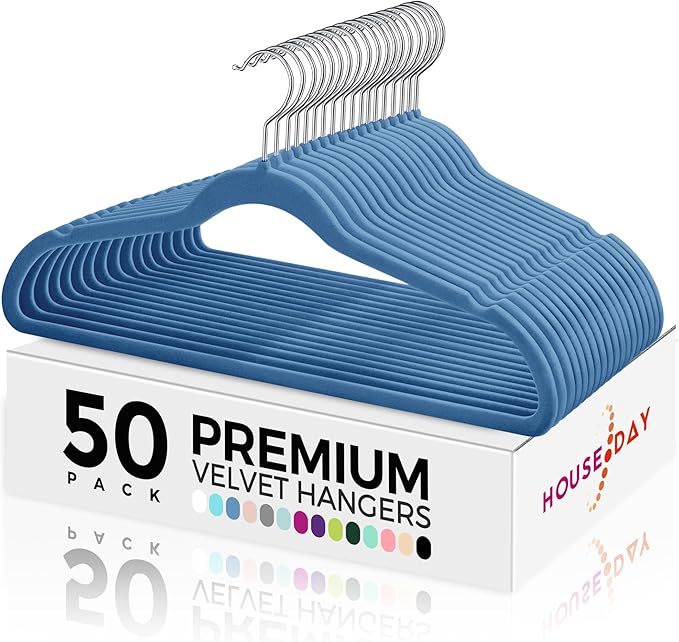 HOUSE DAY Premium Velvet Hangers 50 Pack Blue, Non-Slip Flocked Felt Hangers, Sturdy Clothes Hanger with 360° Rotatable Hook, Heavy Duty Durable Slim Coat Hanger for Closet Space Saving