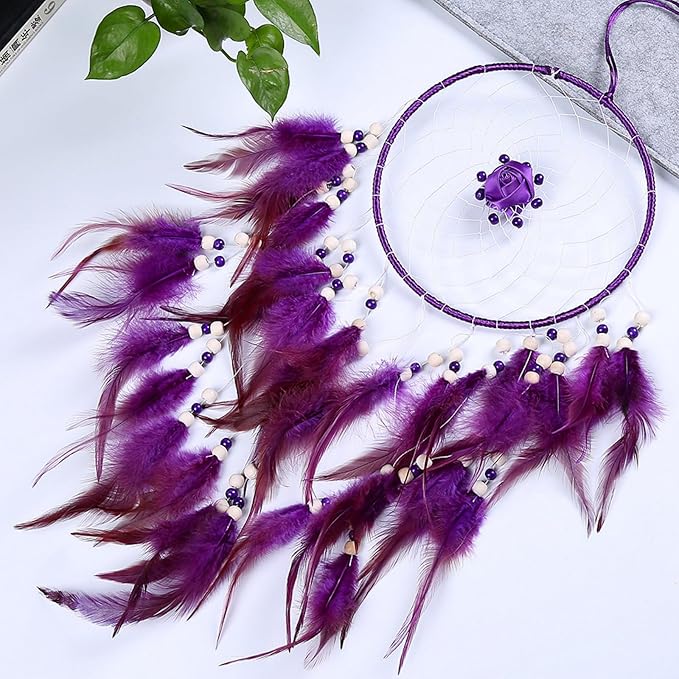 Handmade Dream Catchers Wall Decor,Boho Feather Dreamcatcher with Natural Elements,Unique Home Decor Gift for Bedroom, Living Room (Purple 27.6in)