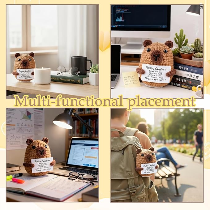 Emotional Support Capybara Positive Crochet Plush with Positive Messages for Adult Women Cute Pickle Office Decor Birthday Gifts for Best Friends (Capybara)