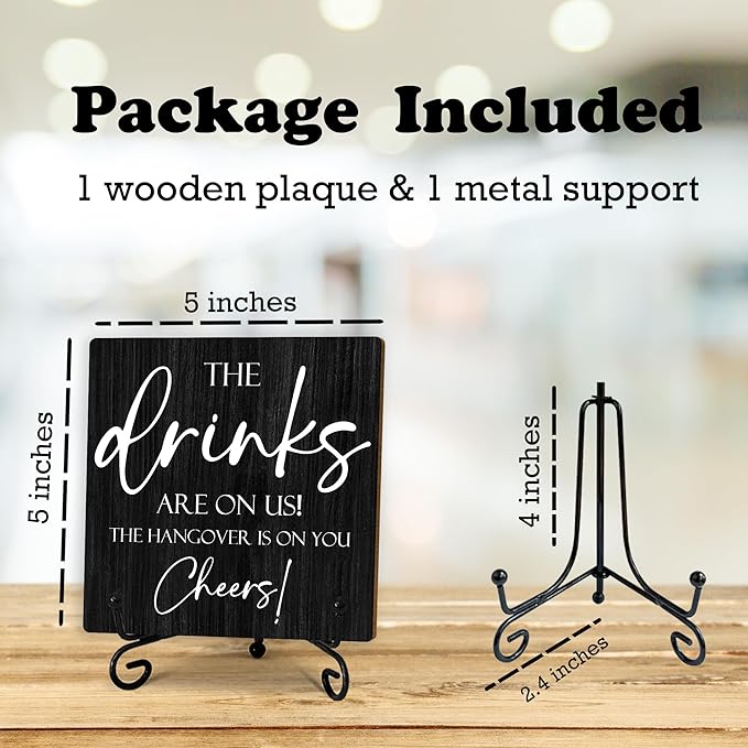 Bar Signs For Home Bar Decorations,5 Inches Wooden Sign With Support, The Drinks Are On Us! The Hangover Is On You! Wedding And Pubs Decor, Bar Accessories(Black) - D02