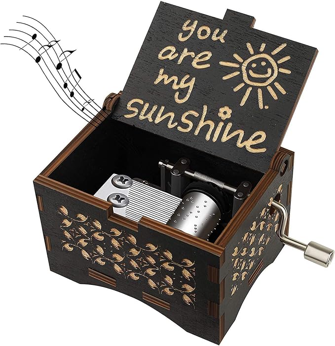 Dream Loom Wooden Music Box, Hand Cranked Laser Engraved Small Musical Boxes for Kids, Play You are My Sunshine Melody