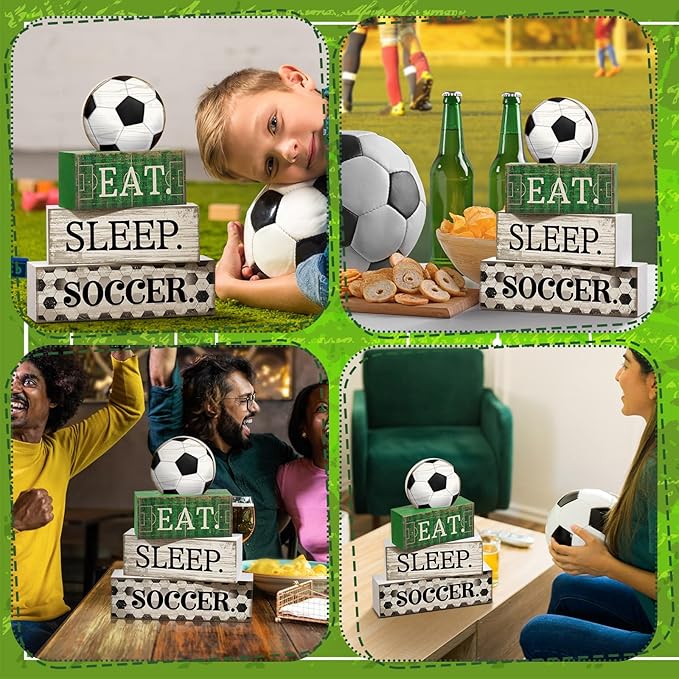 Yuntau 4 Pcs Soccer Wooden Tabletop Decor Soccer Tiered Tray Decor Rustic Wood Block Sign Gift Centerpiece Farmhouse Table Sign for Home Boys Room Office Shelf Birthday Party