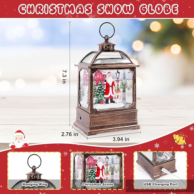 Christmas Snow Globe Lantern with Santa 8 Music Songs & 6H Timer Water Snow Globe Lantern USB & Battery Operated for Christmas Festival Decorations Gifts (Santa)