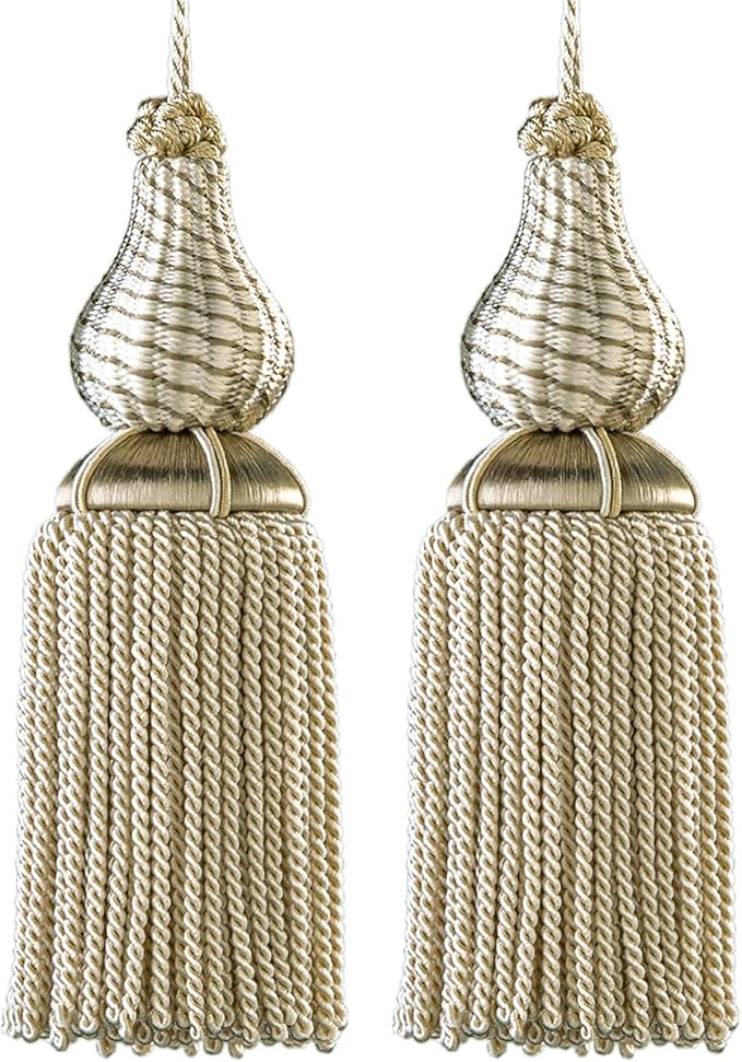 Luxury Tassels for Curtains and Furniture Knobs, 2 Pack - 8.4" Elegant Rayon Decorative Tassel, Silky Tassel Pendant for Cabinet Handles, Home Decor Accents (Khaki)