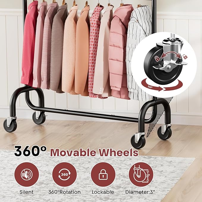 Heavy Duty Clothes Rack Load 600 LBS, Rolling Clothing Rack for Hanging Clothes with Lockable Wheels, Double Rod Garment Rack for Bedroom, Laundry, Clothing Store, Black