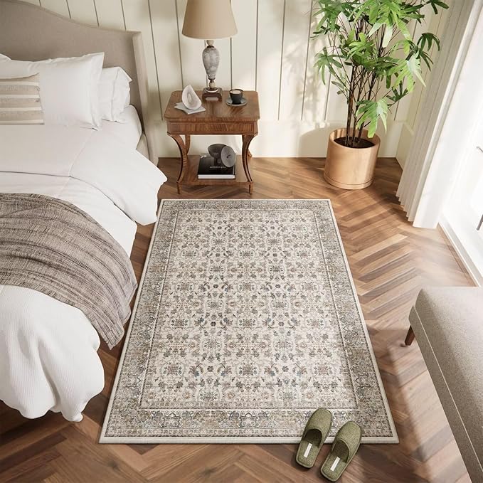 Washable 4x6 Rugs for Living Room, Boho Non-Slip Vintage Distress Small Rugs for Bedroom Nursery Office, 0.3" Neutral Oriental Throw Thin Carpet with Cushioning Pad,Cream/Blue/Orange/Multi
