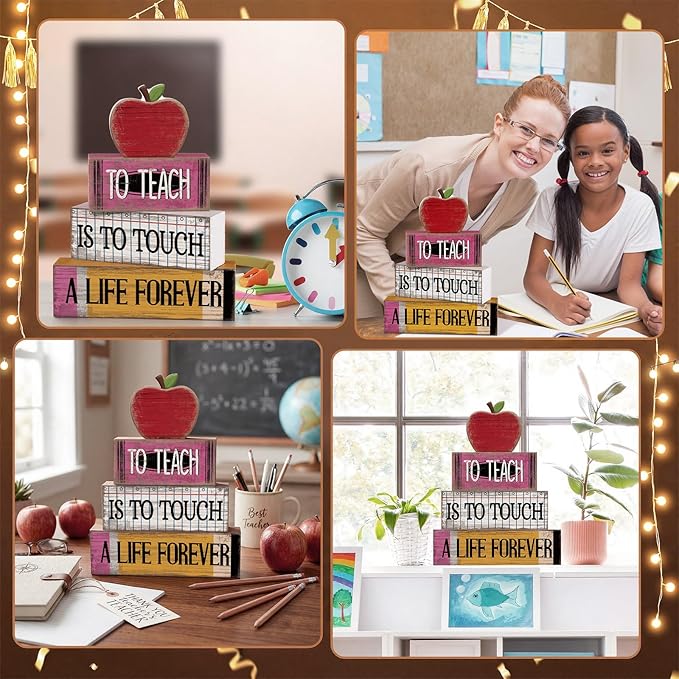 Moucuny 4 Pcs Teacher Appreciation Gift Retro Red Wooden Apples Decor Wooden Stacked Block Set, "to Teach is to Touch a Life Forever" Signs with Apple Topper, Rustic Classroom Decor for Home Desk