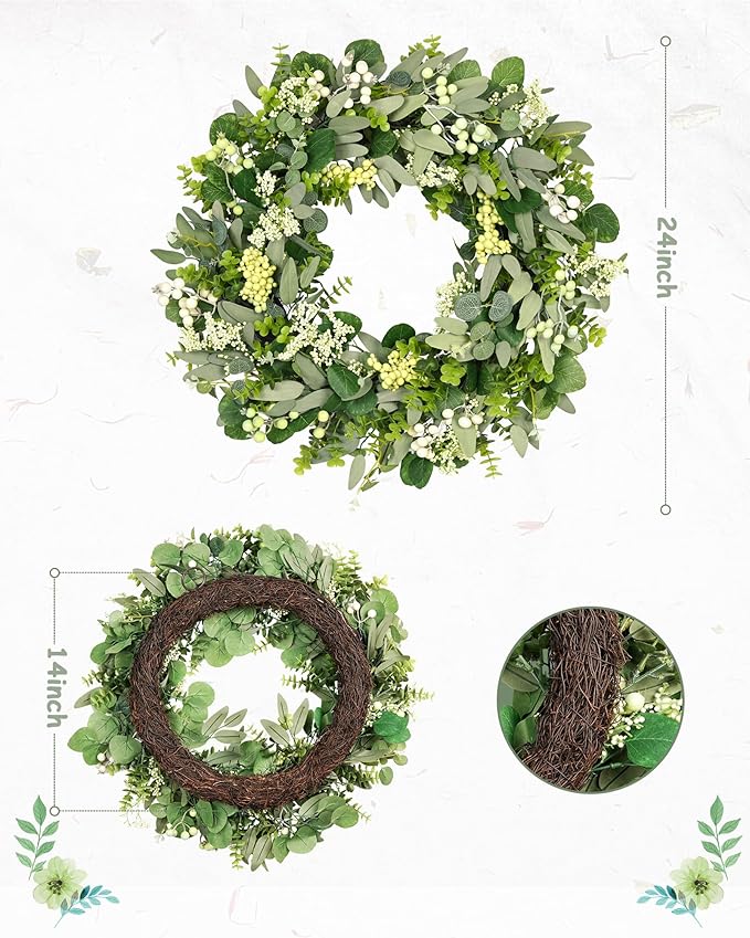 Vlorart 24-26 Inch Artificial Spring Summer Greenery Christmas Wreaths for Front Door Green Eucalyptus Leaf Wreath Decor Boxwood with Big Berries for Farmhouse Outside Year Round