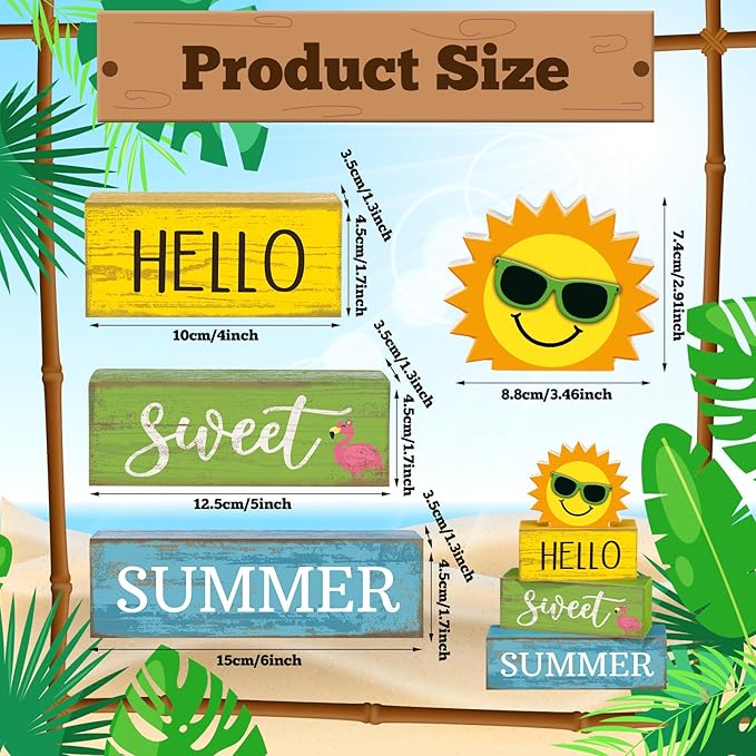 Yuntau 4 Pcs Summer Table Decoration Hello Sweet Summer Tiered Tray Decor Rustic Wood Flamingo Centerpiece Summertime Decorative Block Signs Farmhouse Tabletop Decor for Home Kitchen Shelf Office