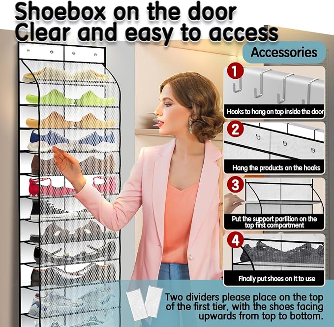 Over The Door Shoe Organizer with 12 Large Breathable Pockets - Durable Hanging Storage for the Entire Family's Shoes (White)