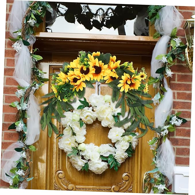 Artificial Sunflower Wreath Swag Decorative Fake Flower Garland for Front Door Wall Hanging Floral Decor for Home Wedding and Special Occasions