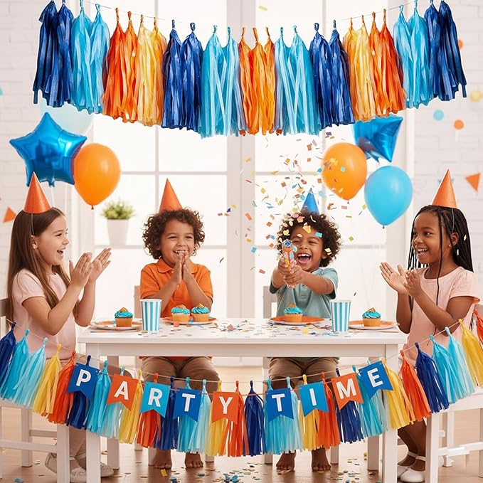Blue and Orange Tassel Garland,Tissue Tassel Banner for Party Decorations,Navy Blue,Sky Blue,Orange,Light Orange,Pack of 20