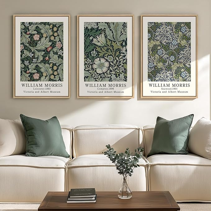 Framed William Morris Canvas Wall Art Green Decor Set of 3, Vintage Large Floral Artwork Prints, Boho Farmhouse Botanical Picture Prints for Living Room, Bedroom, Hallway, Office, Total Size 30x60