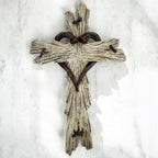 Rustic Wood-Look Resin Wall Cross with Barbed Wire & Nail Heart Accents – 11 ½” Christian Farmhouse Wall Décor, Inspirational Religious Gift (Whitewash)