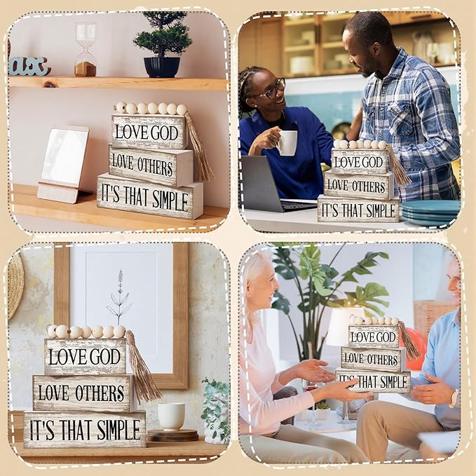 Moucuny 4 Pcs Christian Table Decor Rustic Wooden Block Sign Set with Love God Love Others It's That Simple Farmhouse Stacked Decor with Beaded Garland Tassel Christian Home Decorations for Home Shelf