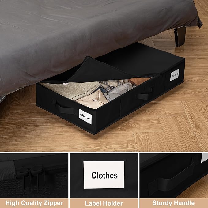 Under Bed Storage with Wheels, Rolling Under Bed Storage Containers with Label Holders for Clothes, Shoes and Blankets, Underbed Shoe Organizer with Cover, 2 Pack Black (30.71x15.7x7.28 in)