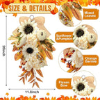 Thiccywoov 2-Pack Fall Teardrop Swags 20‘' Harvest Teardrop Decoration with Mixed Pumpkins, Sunflowers, Berries & Rustic Burlap Bows, Autumn Wreath for Front Door Home Decor(Fall)