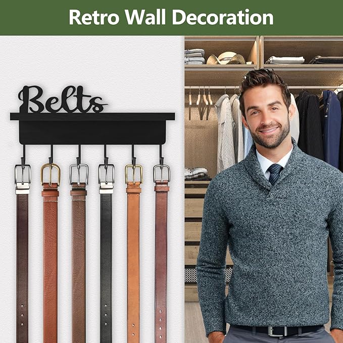 Belt Hanger Organizer for Closet, Wall Mount Belt Rack, Wooden Belt and Tie Organizer for Stores and Displays Mens Accessories (Length 9.8”) Black-Belts