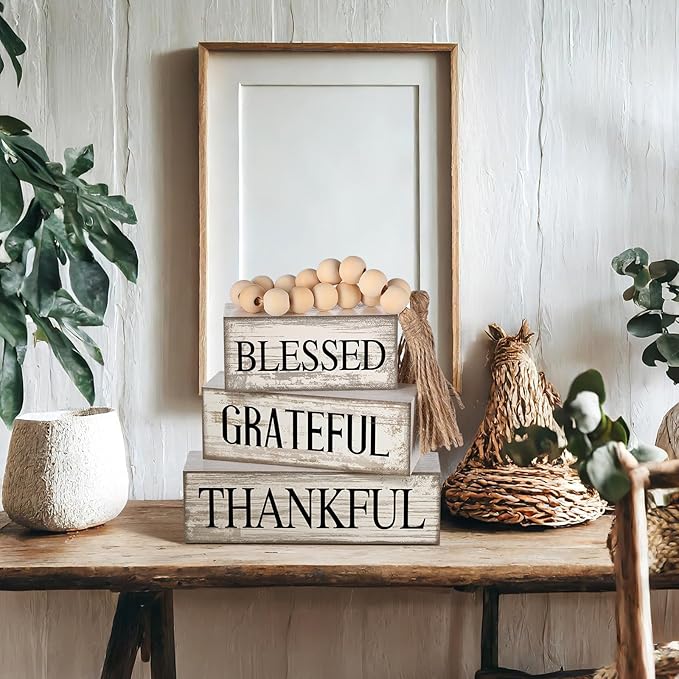 4 Pcs Farmhouse Wooden Tabletop Decor Neutral Farmhouse Tiered Tray Decor Rustic Retro Wood Bead Garland Blessed Grateful Thankful Block Sign Centerpiece for Coffee Home Office Shelf Mantle Table