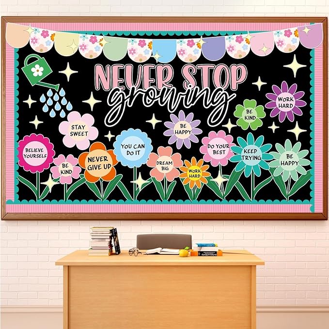 Spring Never Stop Growing Bulletin Board Classroom Decoration Grow Flower Cutouts Positive Paper Cutouts for Teacher Back to School Office Home Chalkboard Spring Inspirational Door Wall Decor Supplies