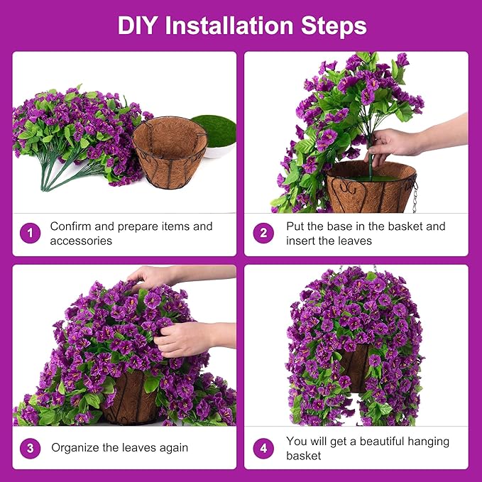 Artificial Faux Hanging Flowers Basket for Spring Summer Outdoor Porch Decor, Fake Silk Colorful Morning Glory Eucalyptus in Planter UV Resistant Look Real for Home Balcony Yard(Darkorchid)