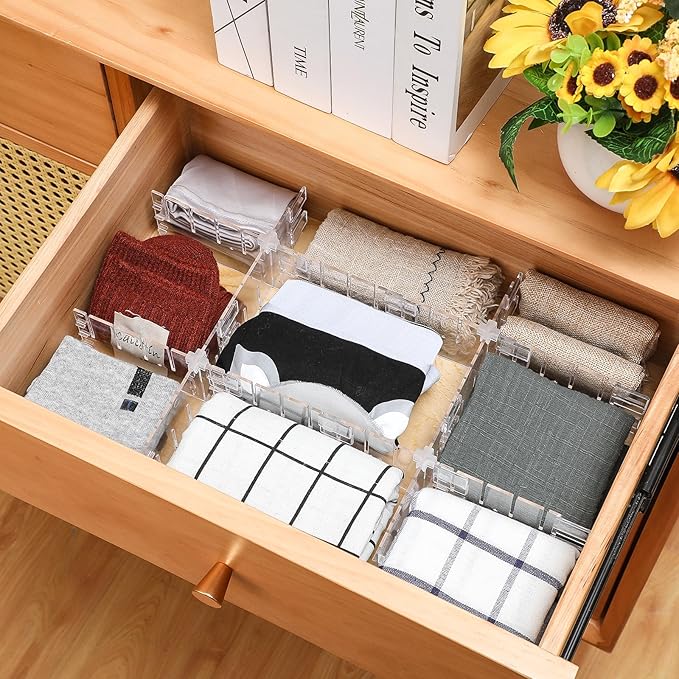 45 Pcs Adjustable Drawer Dividers with Fixed Buckle Drawer Organizer Box Dividers Back To School Gift for Socks Underwear Makeup Kitchen Bedroom Dresser Office Storage (Clear)
