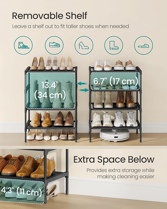 SONGMICS Shoe Rack, 4-Tier Shoe Storage Organizer, Space-Saving, 11.7 x 16.5 x 26 Inches, Entryway, Metal Frame, Non-Woven Fabric Shelves, Ink Black ULSH014BH01
