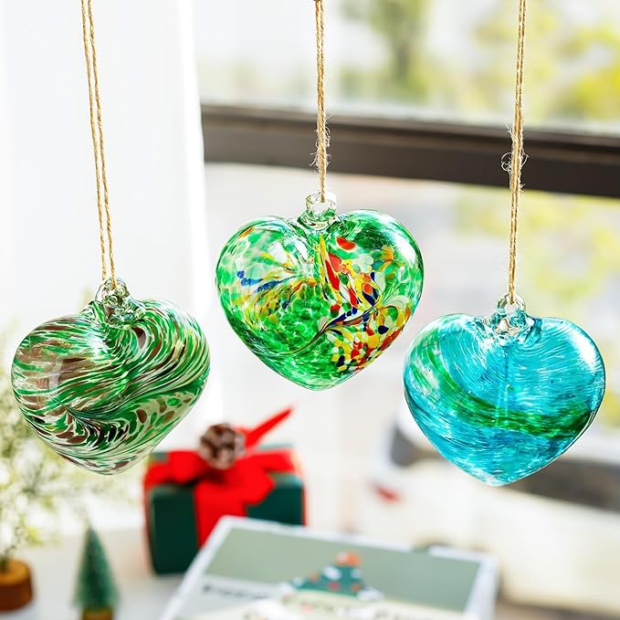Set of 3 Green Blown Glass Heart Ornaments 4 Inch Hanging Decor for Outdoor Unique Home Garden Patio Decoration for Mom Wife