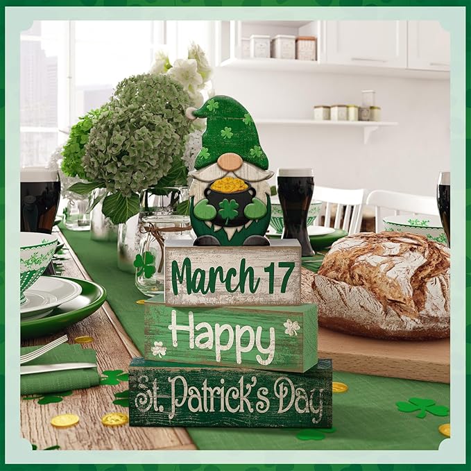 Lineshading 4 Pcs St Patricks Day Table Decoration Wooden St Patrick's Day Gnomes Tiered Tray Decor Irish Centerpiece Green Lucky Gnomes Block Signs Gifts for Saint Patty's Party Home Kitchen