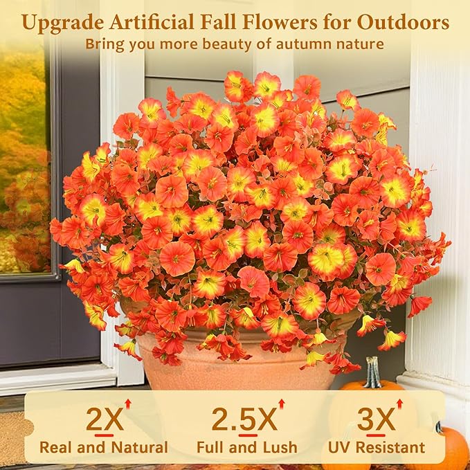 MARTINE MALL Artificial Fall Flowers for Outdoors, 24 Bundles Faux Fall Flower for Outdoor Planters UV Resistant Fall Flowers Artificial for Outdoors Fake Autumn Petunia for Front Porch(Mixed Color)