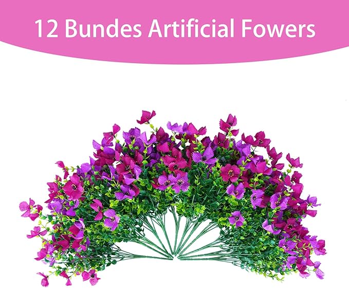 Artificial Faux Plants Flowers Outdoor Spring Summer Decoration, 12 Bundles Fake Silk Colorful Daisy Eucalyptus Realistic UV Resistant for Outside Home Planter Porch Yard Decor (Purple Red Lotus)