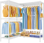 E15 Pro Garment Rack L Shaped Clothes Rack for Corner，Freestanding Clothing Racks for Hanging Clothes，Heavy Duty Closet System with 4 Hanging Rods & 8 S Hooks，48.8"W x 15.8"D x 78.4"H，White
