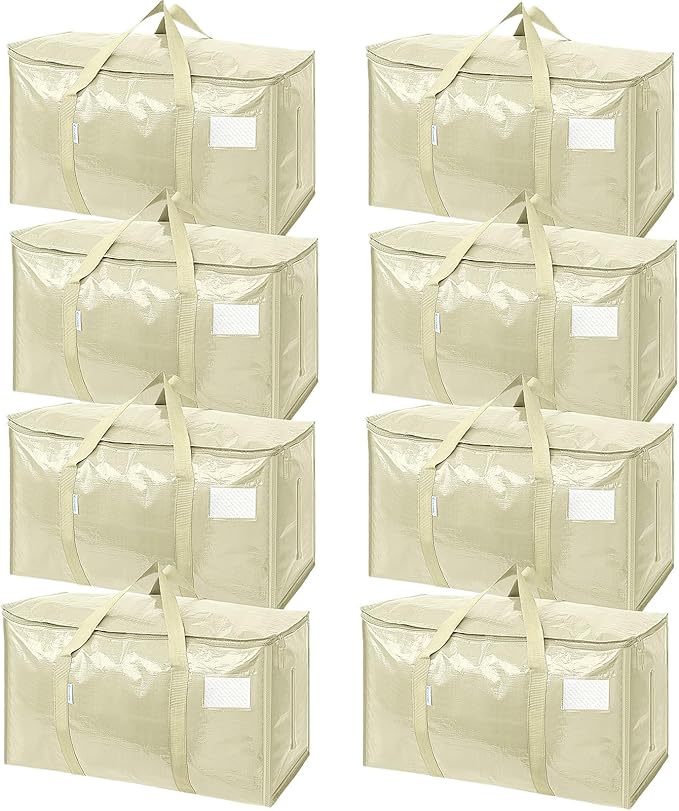 TICONN 8 Pack Extra Large Moving Bags Heavy Duty with Zippers & Carrying Handles, Durable Storage Bags Moving Boxes for Closet Organizers and Storage (8 Pack, Cream)