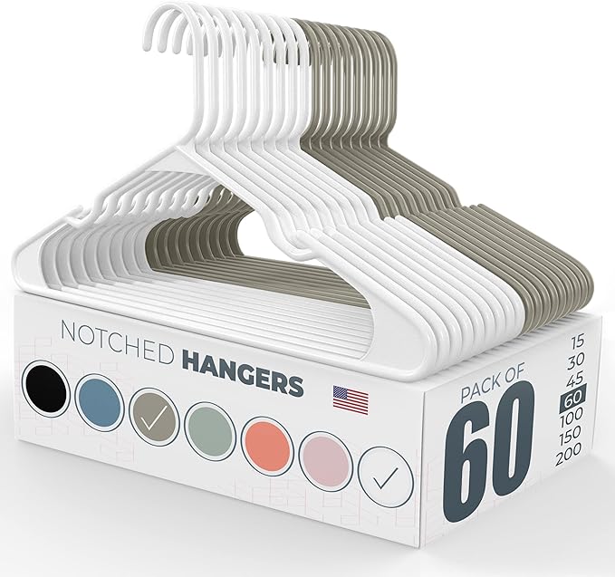 Neaties Plastic Hangers 50 Pack (60 Count) – Made in The USA – 6lb Capacity Standard Clothes Hangers with Notches and Reinforced Edges for Dresses, Lingerie, Shirts, Pants, and Jackets – White & Gray