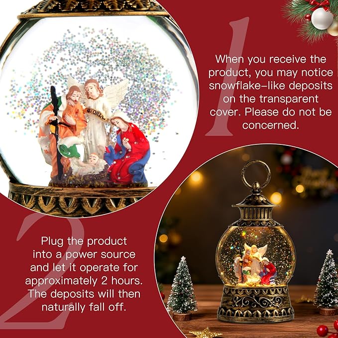 Christmas Nativity Snow Globe, Nativity Musical Snow Globe Lantern Lights with 6H Timer Battery & USB Powered, Retro Style Holiday Glitter Globe for Xmas Home Decoration Holiday Party Gifts