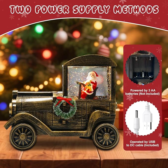 Christmas Snow Globe Lantern Truck Water Glittering Globe with Santa 8 Music Songs Christmas Snow Globes USB & Battery Operated for Christmas Festival Decorations Gifts (Truck-Santa)