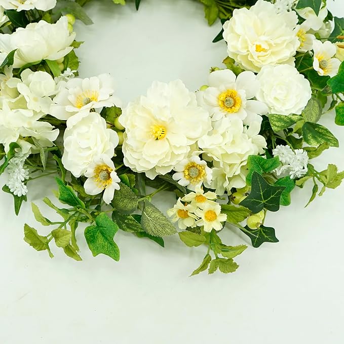 WreathDream Artificial Spring Wreaths for Front Door 22 inch Peony Wreath Summer Wreath with Peony Flower,Hydrangeas, Daisy for Front Door Indoor Outdoor Wedding Home Wall Window Festival Decoration