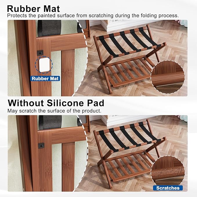 Smuxee Fully Assembled Walnut Luggage Racks Pack of 2, Upgraded Bamboo Foldable Suitcase Stand with 5 Nylon Straps, Luggage Holder with Shelf for Guest Room Bedroom Hotel