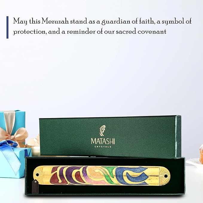 Matashi Gold Hand Painted Multi Color Enamel 6 inch Mezuzah Embellished with Hebrew Shin Home Door Wall Decor Home Décor Jewish Holiday Housewarming Present House Blessing Gift for Holiday Festival