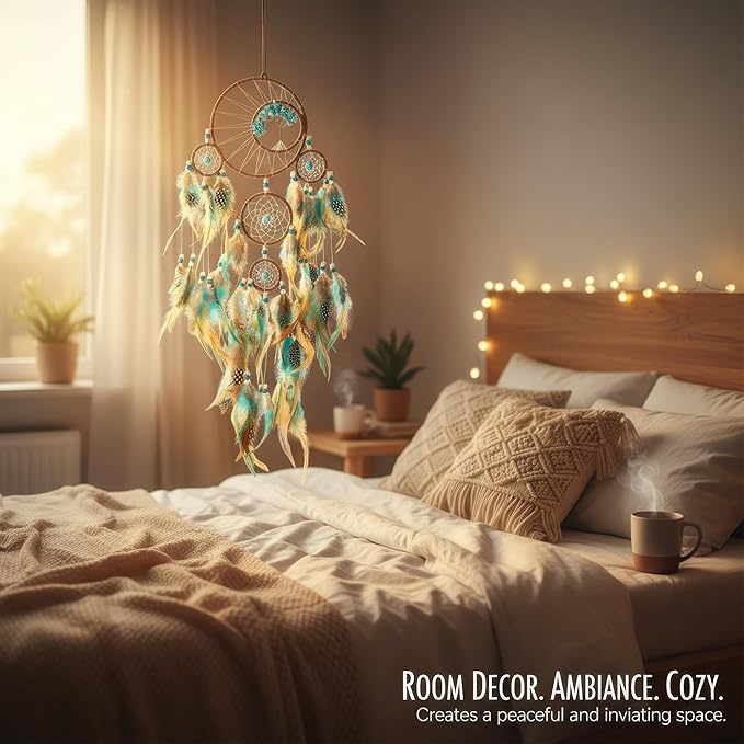 Life Tree Dream Catcher with Chakra Crystals - Handmade Brown Blue 5-Ring Wall Hanging for Bohemian Home Decor