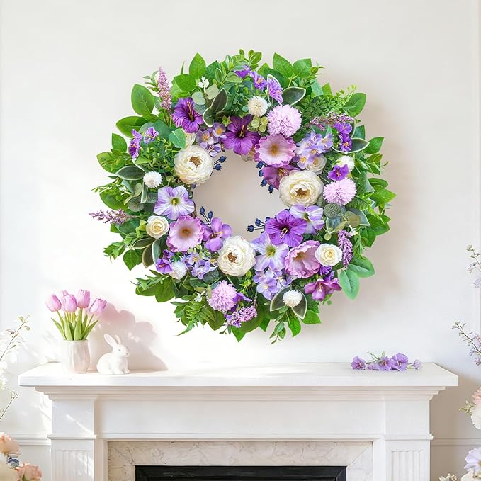 Spring Wreaths for Front Door Outside 24 Inch,Summer Wreath with Purple Morning Glory,Peony and Hydrangea,Spring Door Wreath for Indoor Outdoor Farmhouse Wall Proch Home Decor