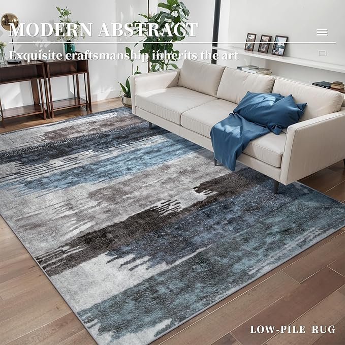 Ciicool Abstract Area Rug Indoor, 3x5 Washable Entryway Rug, Modern Soft Throw Rug with Non-Slip Backing Ideal for Bedroom Living Room Entrance Kitchen, Low-Pile Floor Carpet Doormat Blue Grey