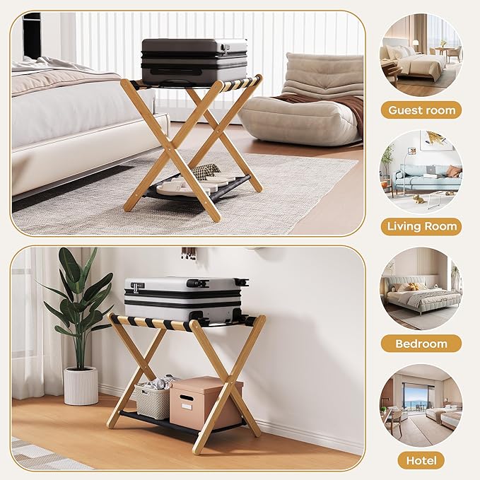 26.77" Full Assembled Luggage Rack for Guest Room, Set of 2 Bamboo Foldable Suitcase Stand, Bedroom & Hotel, Folding Luggage Holder with 5 Nylon Straps, 600D Oxford Fabric Shelf Natural Wood