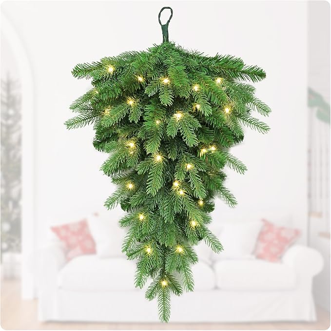 Pre-lit Artificial Christmas Teardrop Swag With 30 LED - 24 in Pine Greenery for Staircase Decorations