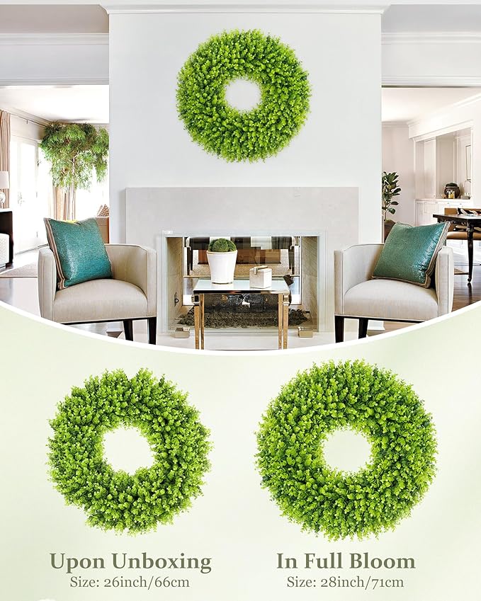 DDHS 28 inch Boxwood Wreath, Artificial Large Spring Wreaths for Front Door with Yellow Sash can DIY Shaped, Summer Wreaths for Hanging in the Shop, Farmhouse, Roof Green Everyday Wreath Home Decor